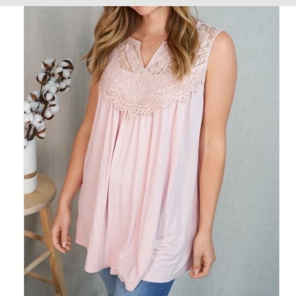 Lace Trim Sleeveless Top with Pockets - Blush Pink - Small, Medium, Large, XL